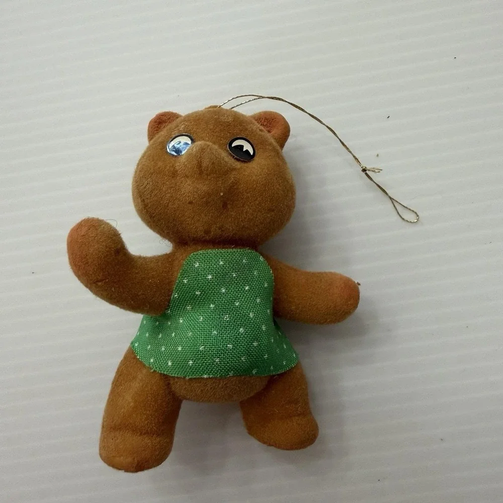 Vintage Flocked Bear Christmas Ornament Green Shirt 70s 80s